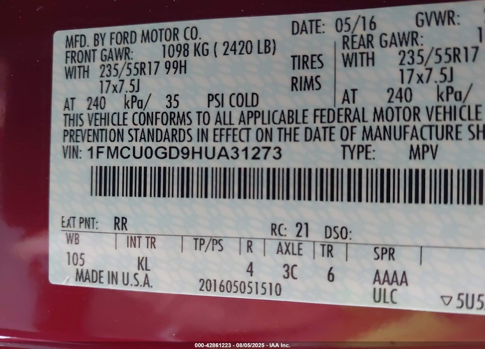 2017 FORD ESCAPE VIN: 1FMCU0GD9HUA31273