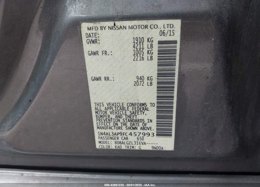 2015 NISSAN ALTIMA VIN: 1N4AL3AP9FC457993
