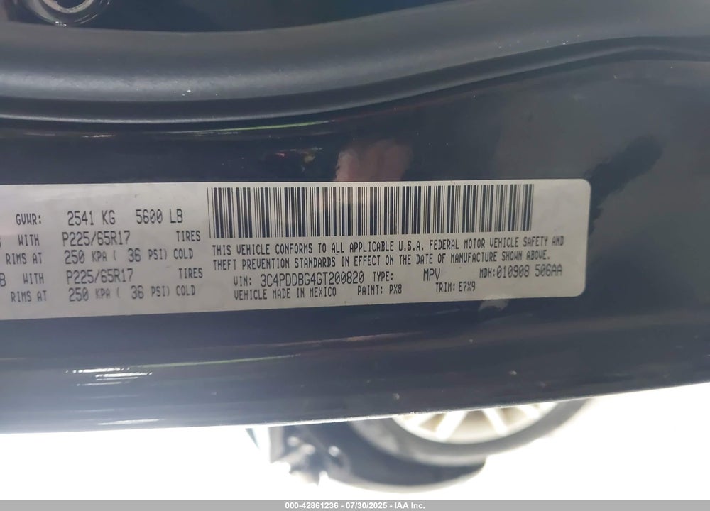 2016 DODGE JOURNEY VIN: 3C4PDDBG4GT200820