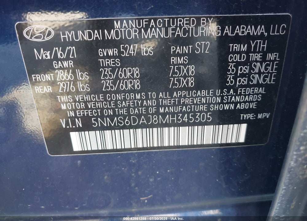2021 HYUNDAI SANTA FE VIN: 5NMS6DAJ8MH345305