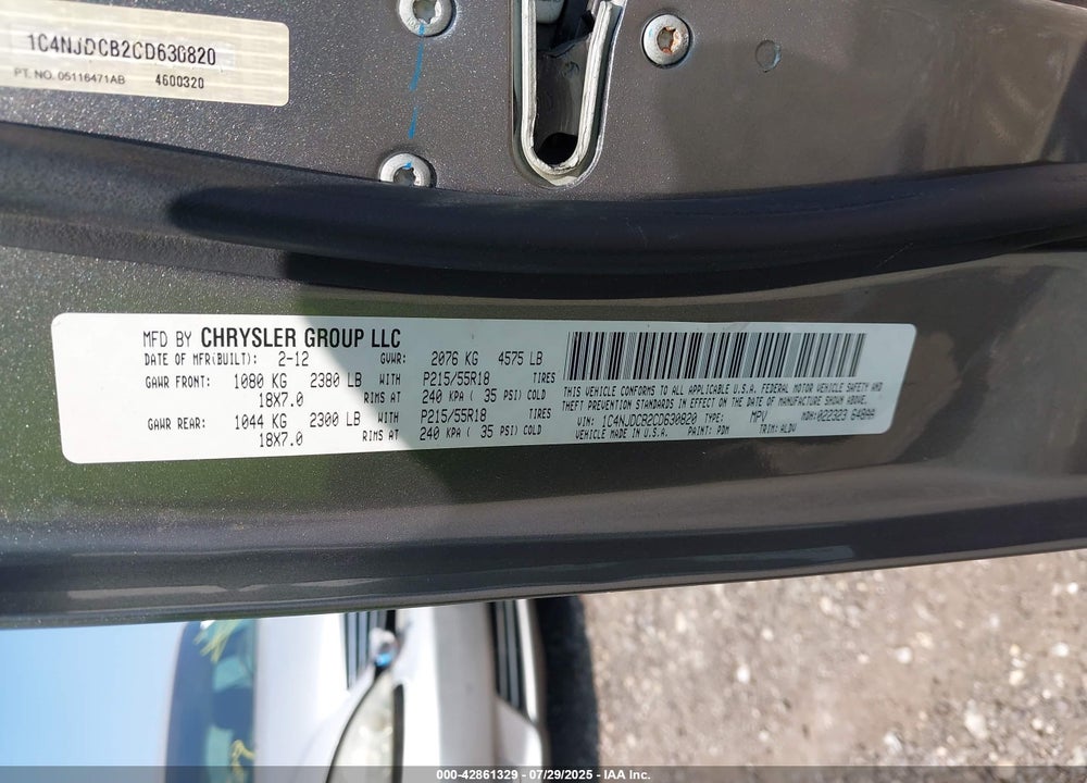 2012 JEEP COMPASS VIN: 1C4NJDCB2CD630820