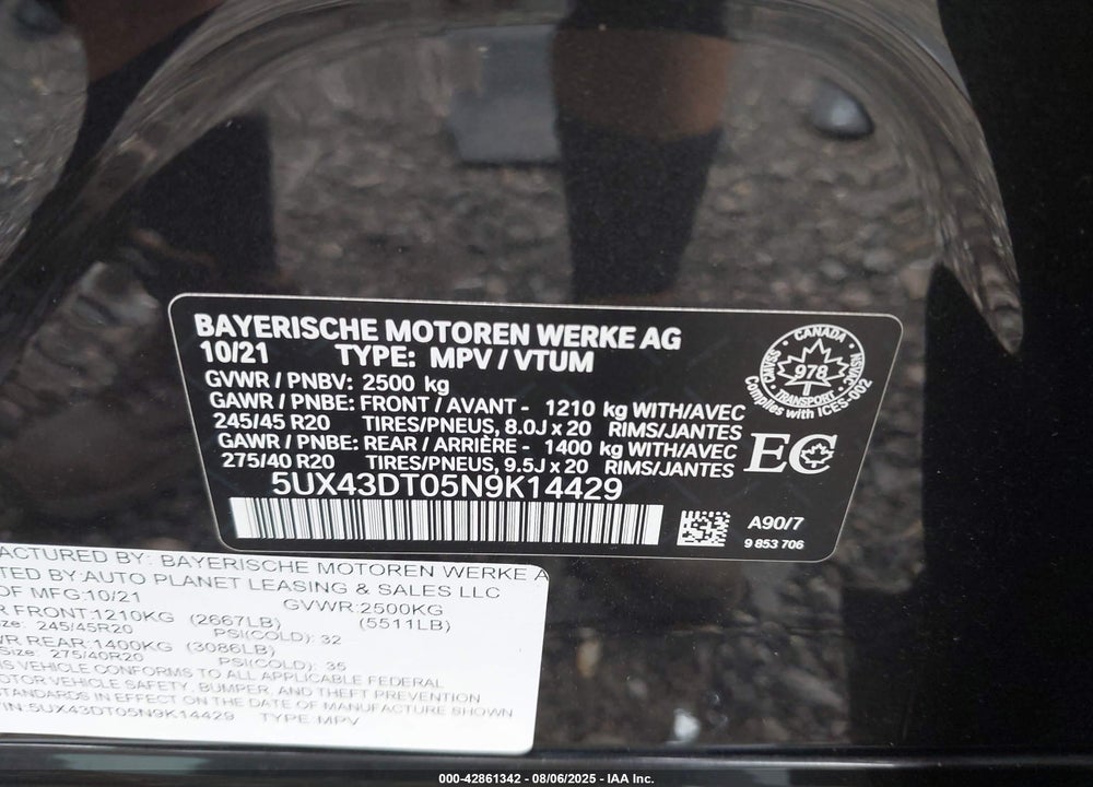 2022 BMW X4 VIN: 5UX43DT05N9K14429