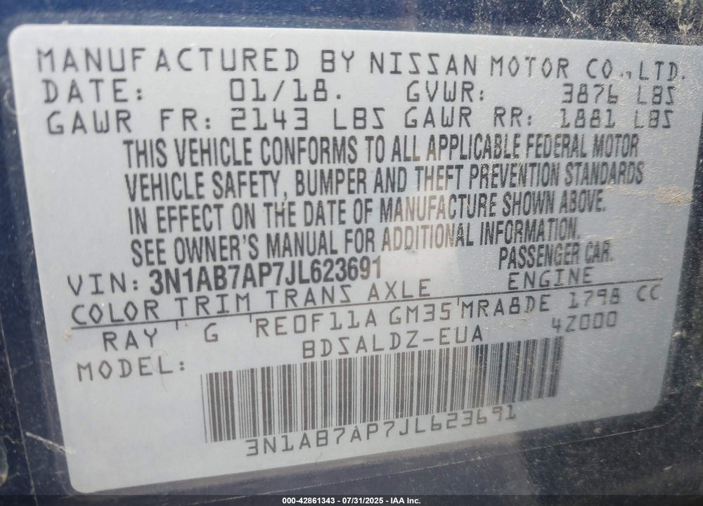 2018 NISSAN SENTRA VIN: 3N1AB7AP7JL623691