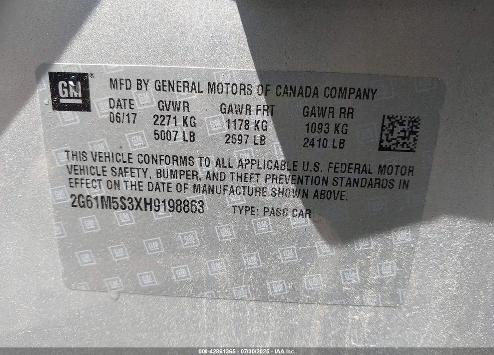 2017 CADILLAC XTS VIN: 2G61M5S3XH9198863