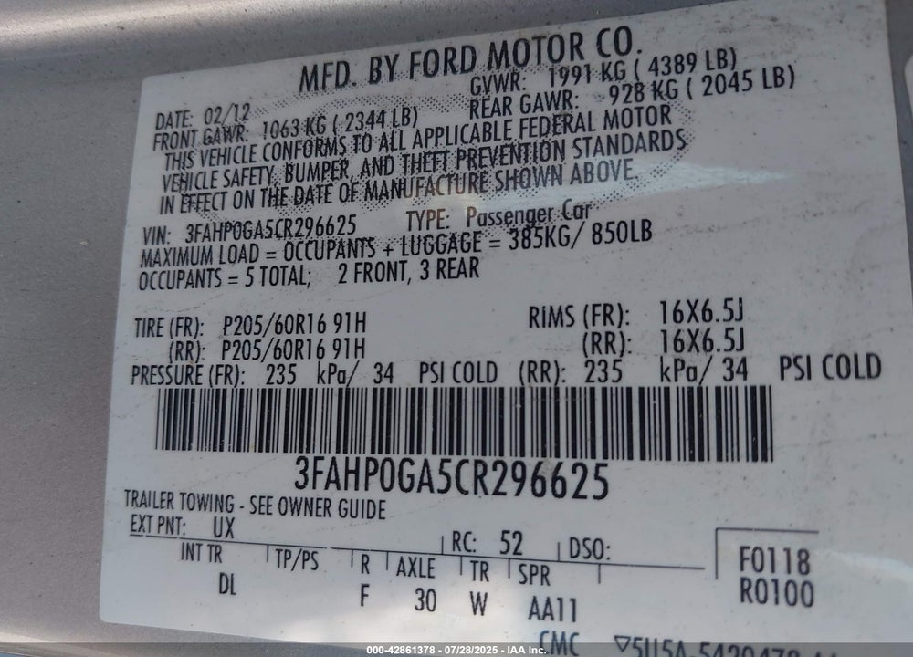 2012 FORD FUSION VIN: 3FAHP0GA5CR296625