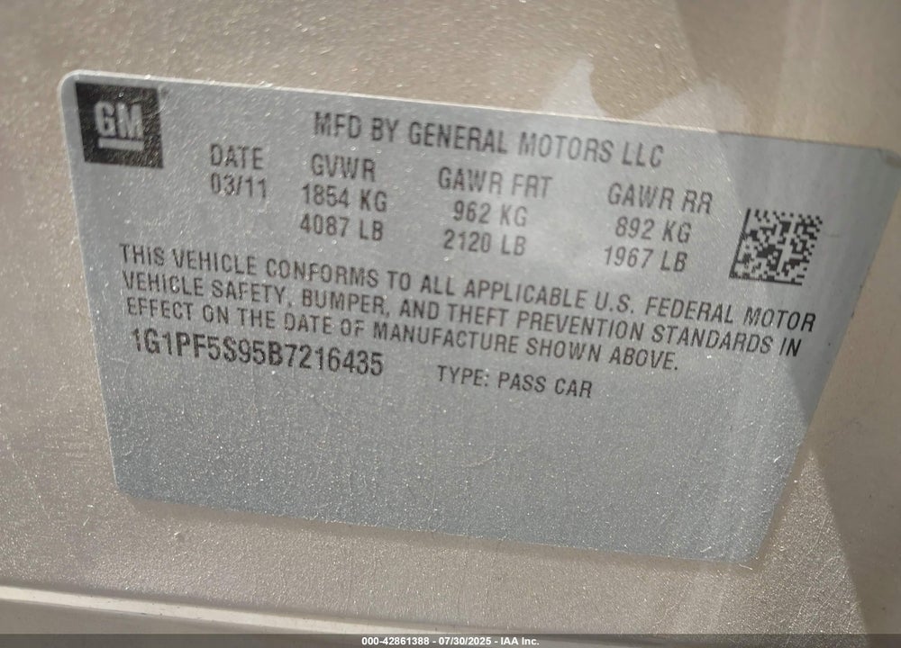 2011 CHEVROLET CRUZE 1LT VIN: 1G1PF5S95B7216435