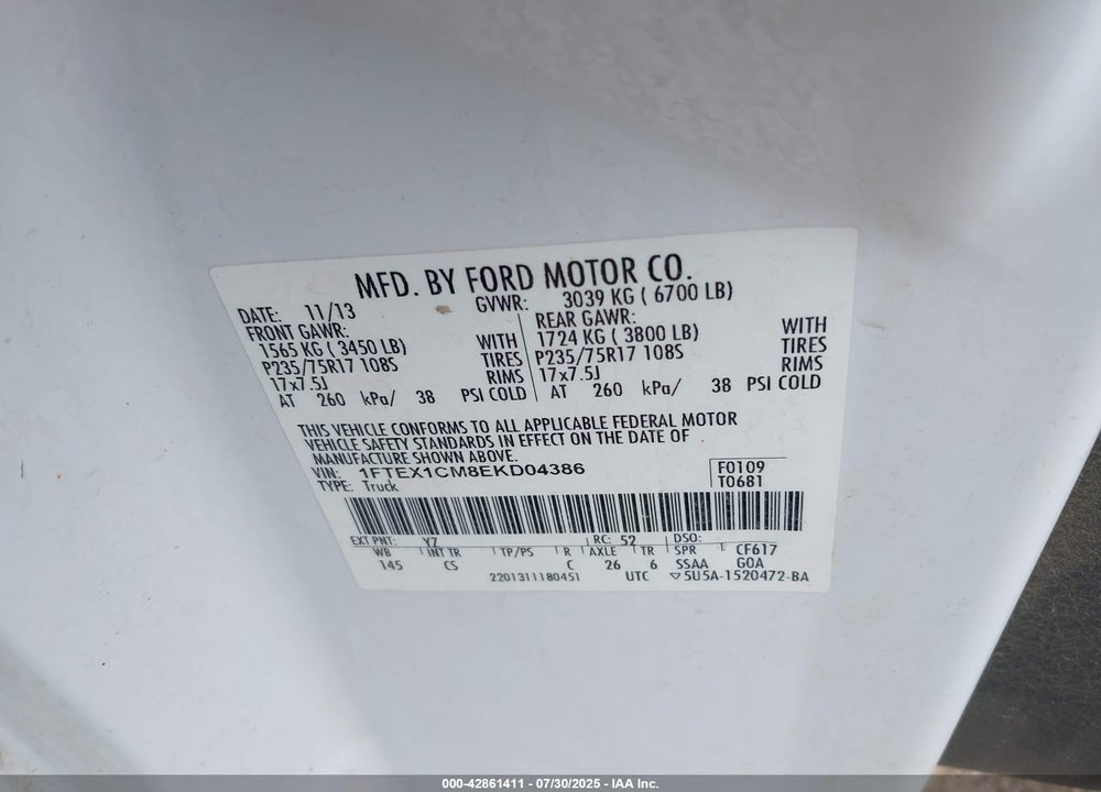 2014 FORD F-150 XL VIN: 1FTEX1CM8EKD04386