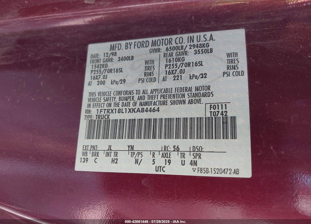 1999 FORD F-150 VIN: 1FTRX18L1XKA84464