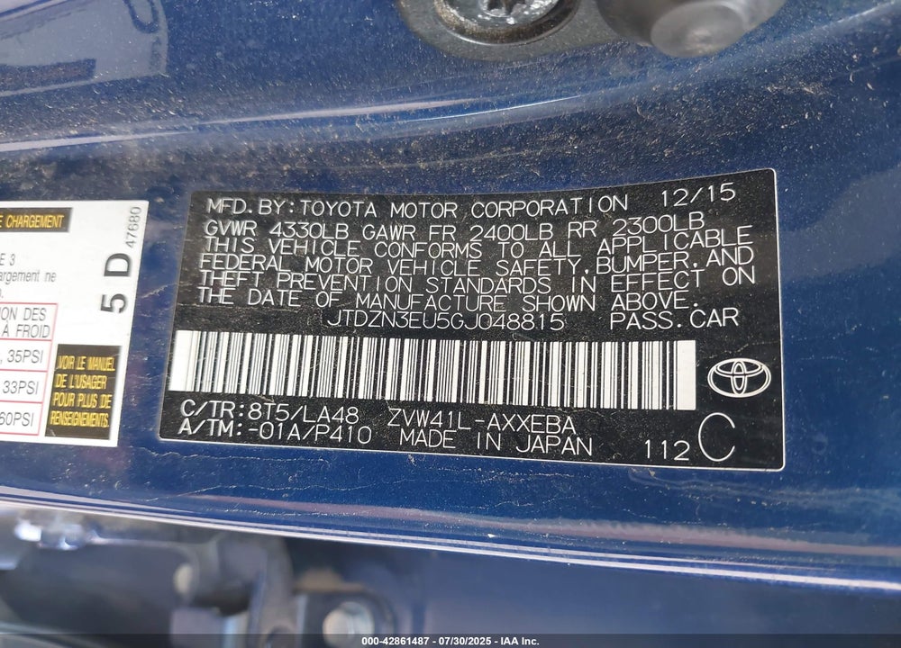 2016 TOYOTA PRIUS V VIN: JTDZN3EU5GJ048815