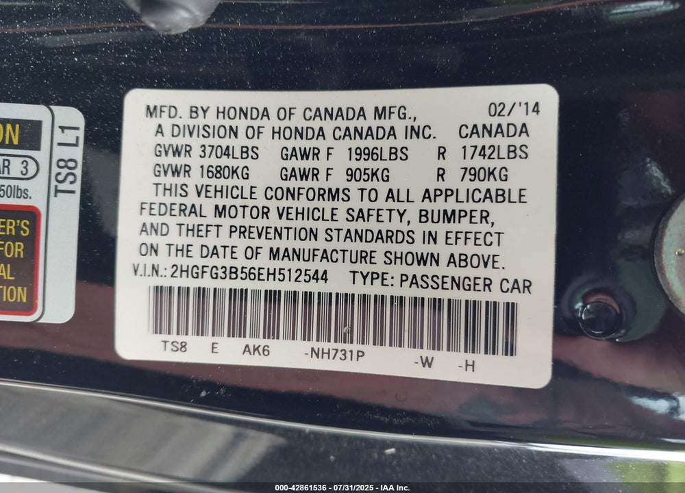 2014 HONDA CIVIC VIN: 2HGFG3B56EH512544