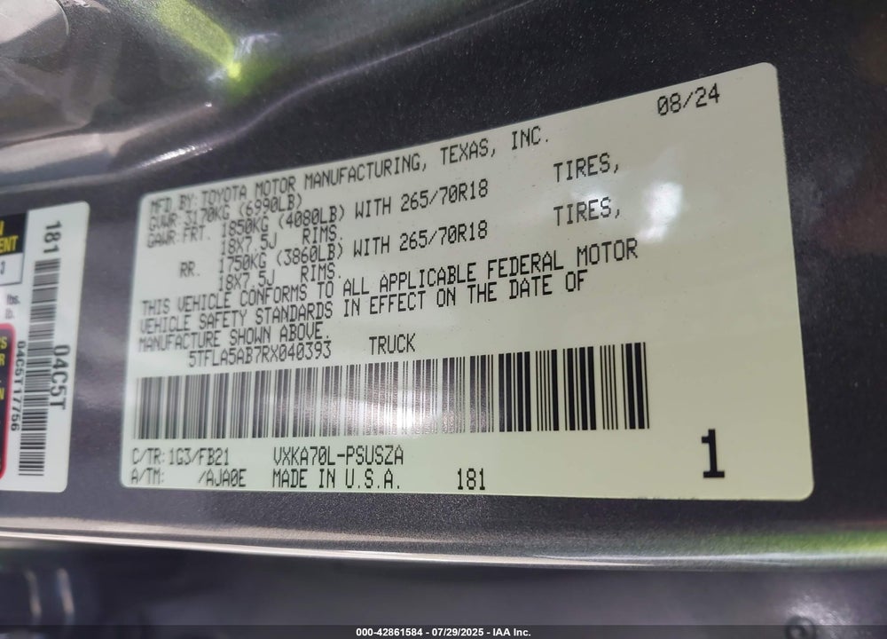 2024 TOYOTA TUNDRA SR5 2WD VIN: 5TFLA5AB7RX040393
