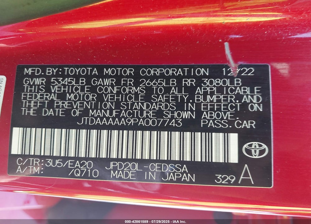 2023 TOYOTA MIRAI VIN: JTDAAAAA9PA007743