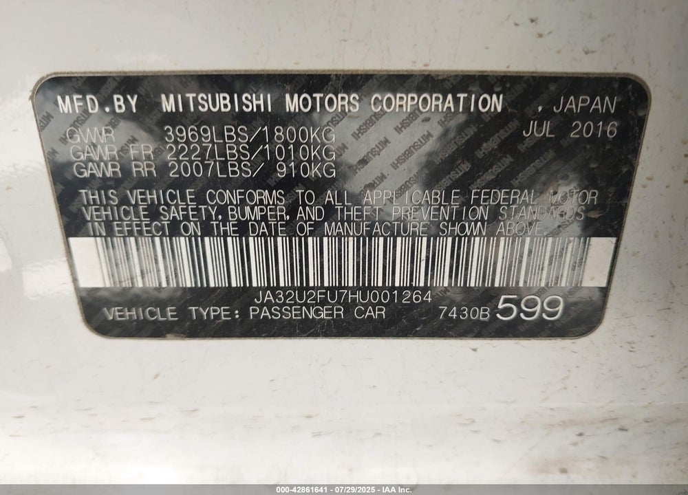 2017 MITSUBISHI LANCER VIN: JA32U2FU7HU001264