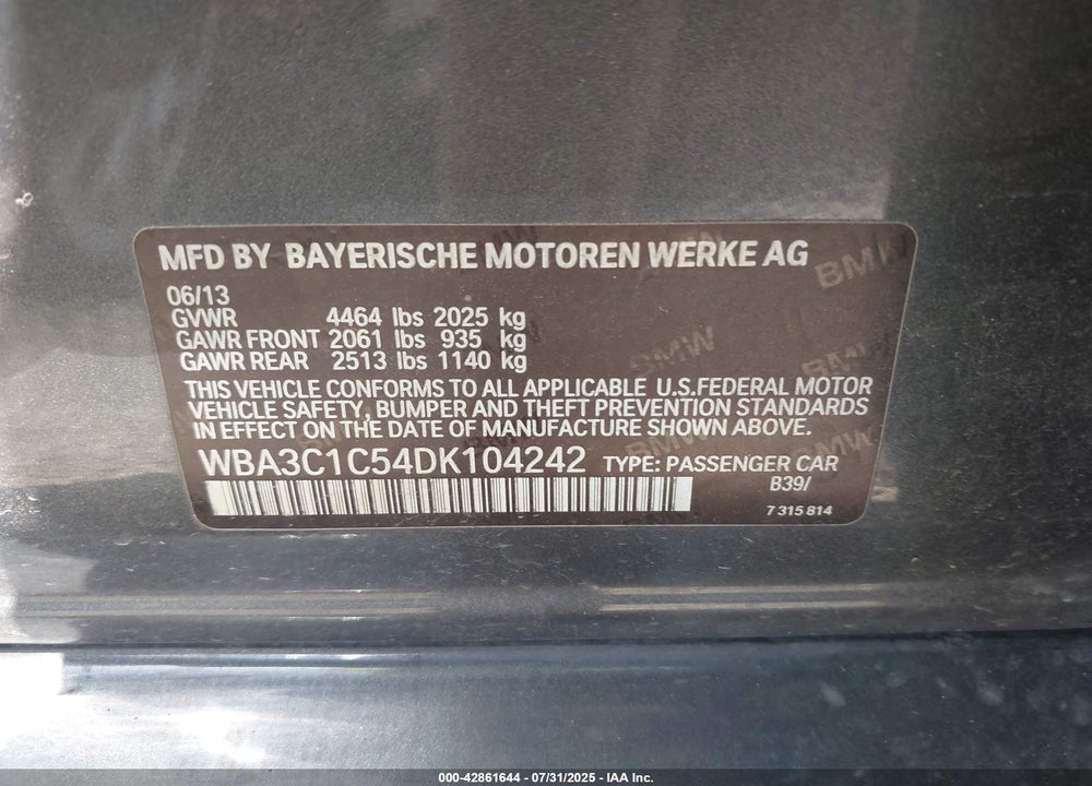 2013 BMW 3 SERIES VIN: WBA3C1C54DK104242