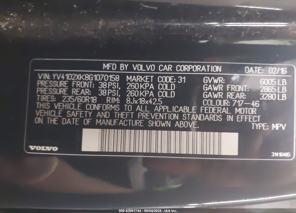 2016 VOLVO XC90 VIN: YV4102XK8G1070158