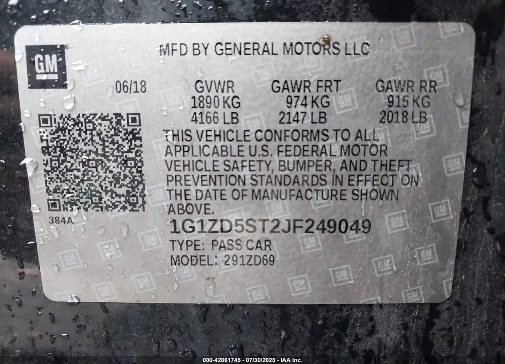 2018 CHEVROLET MALIBU LT VIN: 1G1ZD5ST2JF249049