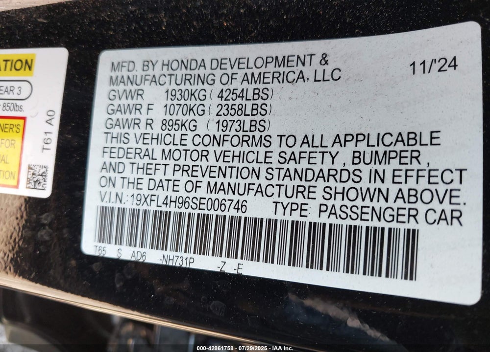 2025 HONDA CIVIC  HYBRID SPORT TOURING VIN: 19XFL4H96SE006746