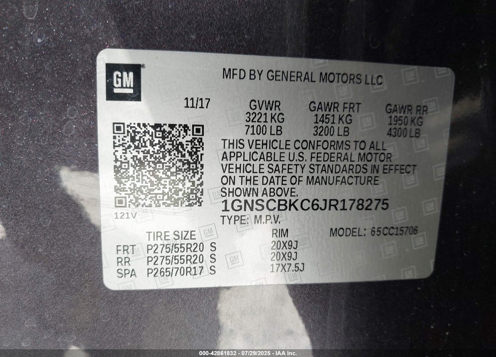 2018 CHEVROLET TAHOE VIN: 1GNSCBKC6JR178275