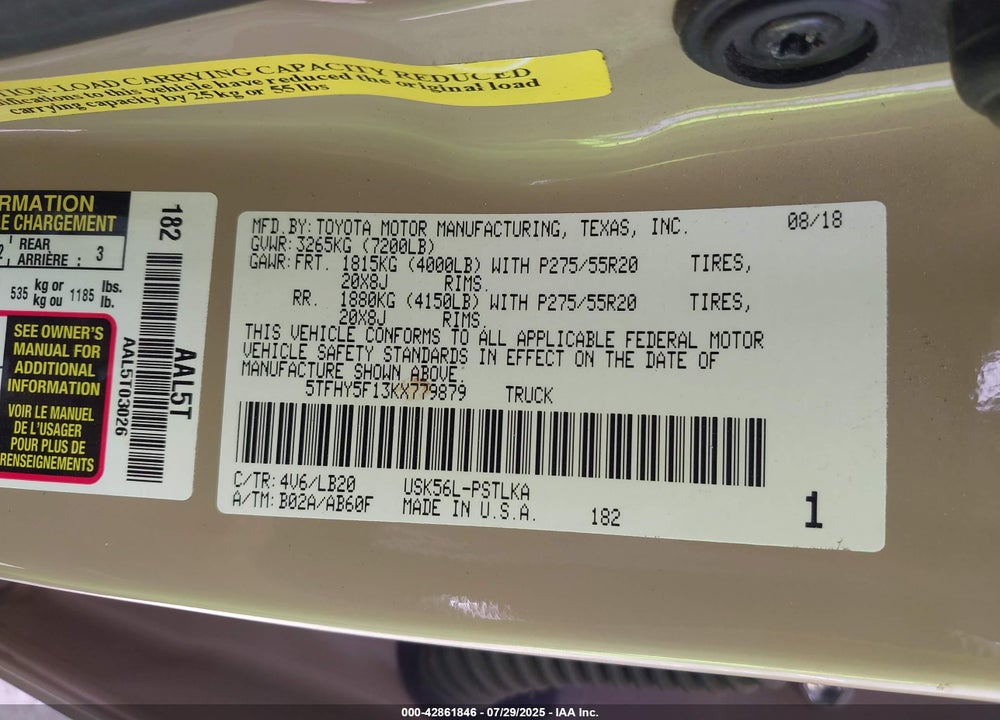 2019 TOYOTA TUNDRA VIN: 5TFHY5F13KX779879