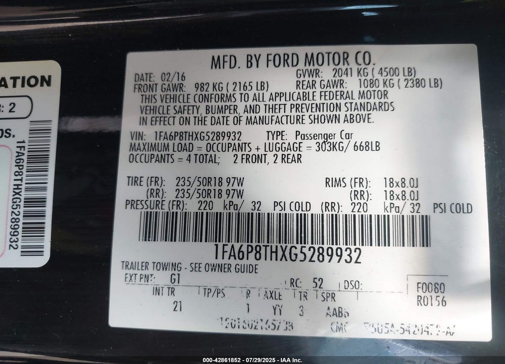 2016 FORD MUSTANG ECOBOOST VIN: 1FA6P8THXG5289932