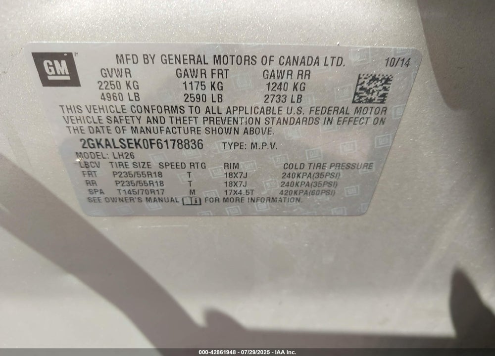 2015 GMC TERRAIN VIN: 2GKALSEK0F6178836