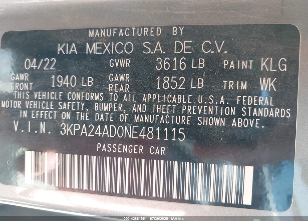 2022 KIA RIO VIN: 3KPA24AD0NE481115