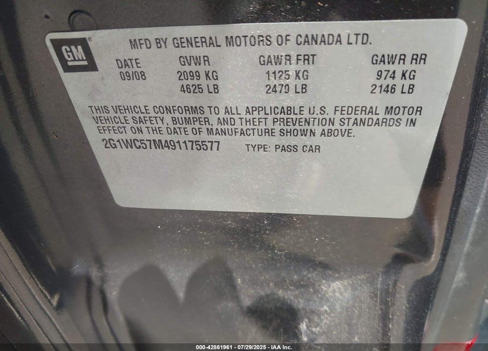 2009 CHEVROLET IMPALA VIN: 2G1WC57M491175577