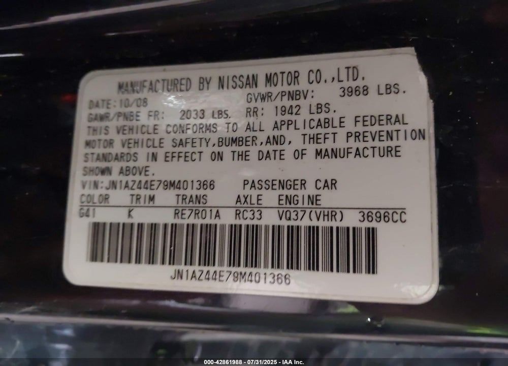 2009 NISSAN 370Z TOURING VIN: JN1AZ44E79M401366