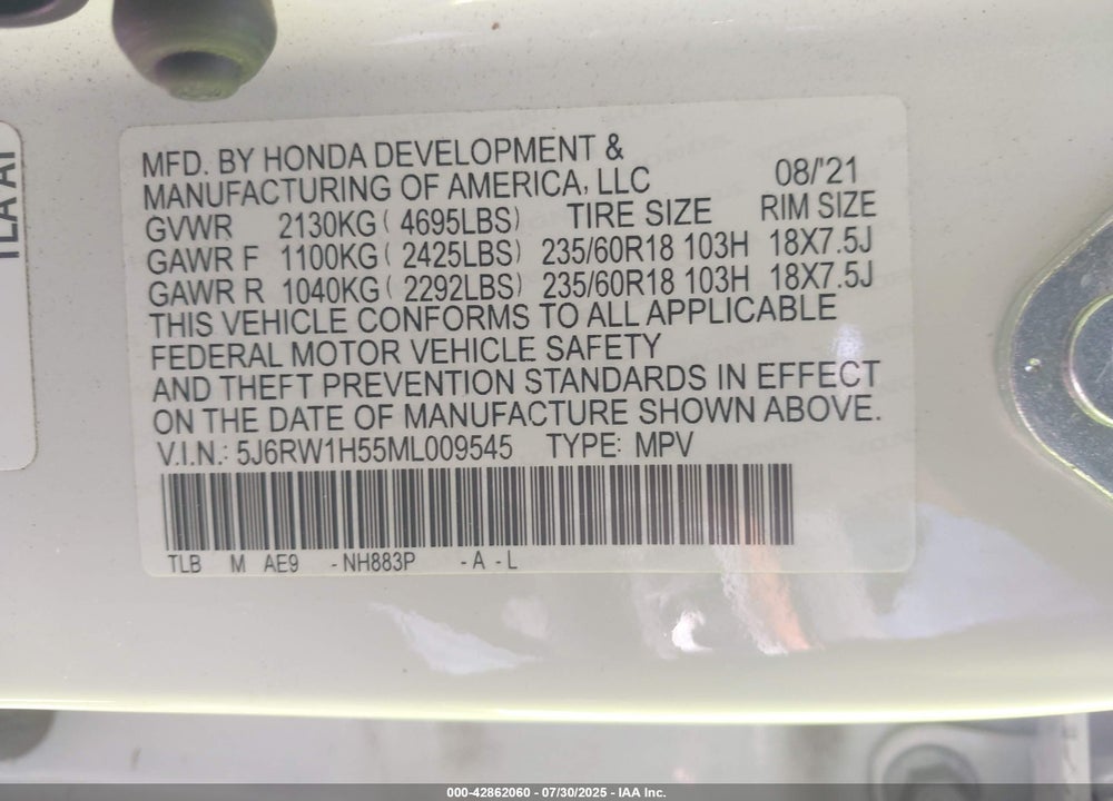 2021 HONDA CR-V VIN: 5J6RW1H55ML009545