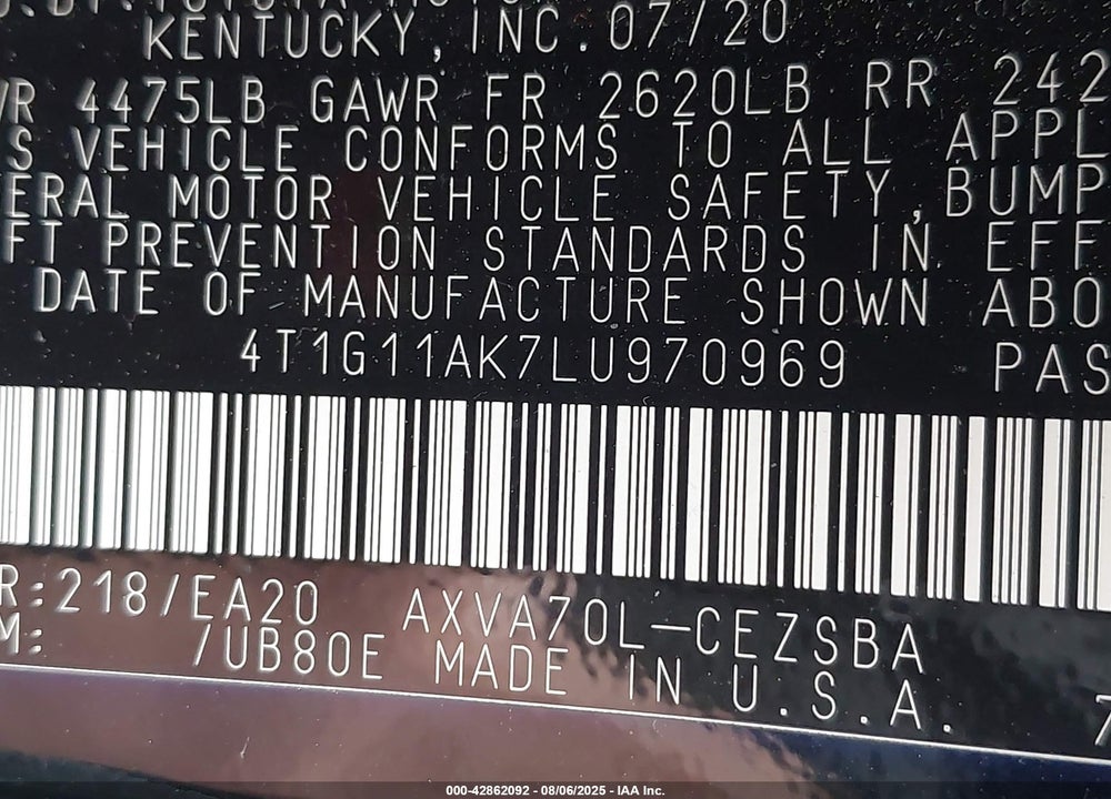 2020 TOYOTA CAMRY VIN: 4T1G11AK7LU970969