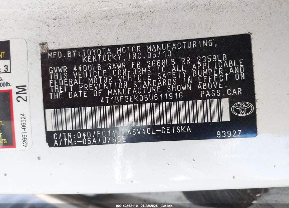2011 TOYOTA CAMRY VIN: 4T1BF3EK0BU611916