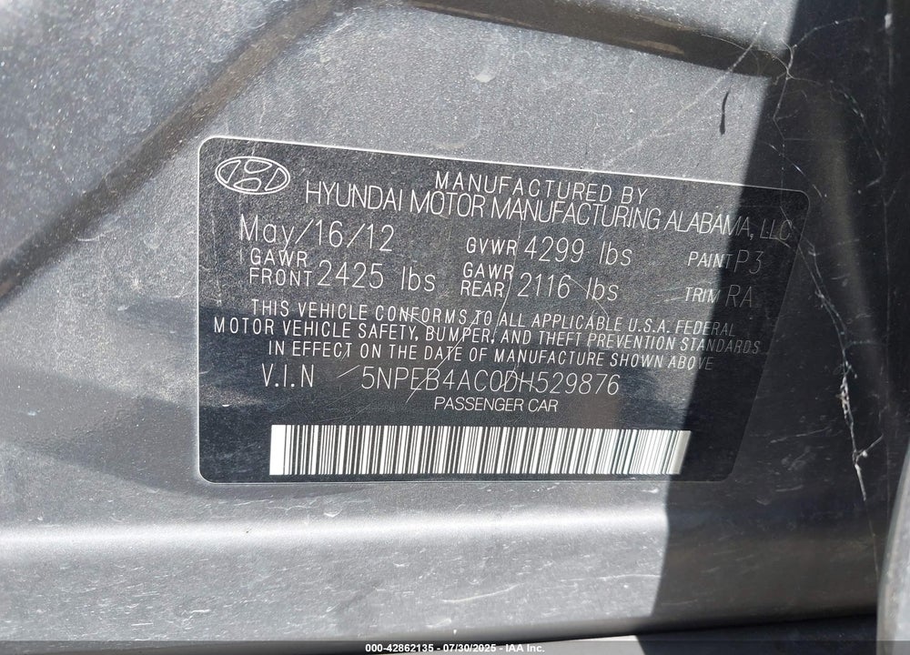 2013 HYUNDAI SONATA GLS VIN: 5NPEB4AC0DH529876
