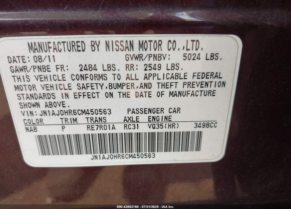 2012 INFINITI EX35 VIN: JN1AJ0HR6CM450563