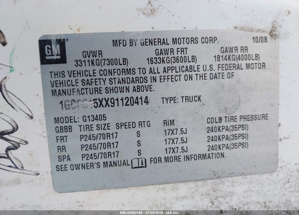2009 CHEVROLET EXPRESS 1500 WORK VAN VIN: 1GCFG15XX91120414