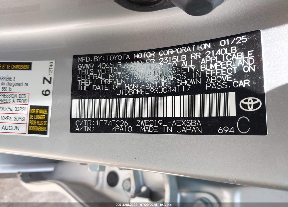 2025 TOYOTA COROLLA VIN: JTDBCMFE9SJ044117