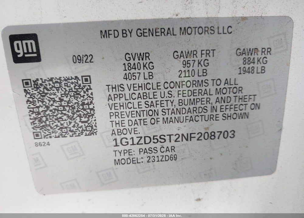 2022 CHEVROLET MALIBU FWD LT VIN: 1G1ZD5ST2NF208703