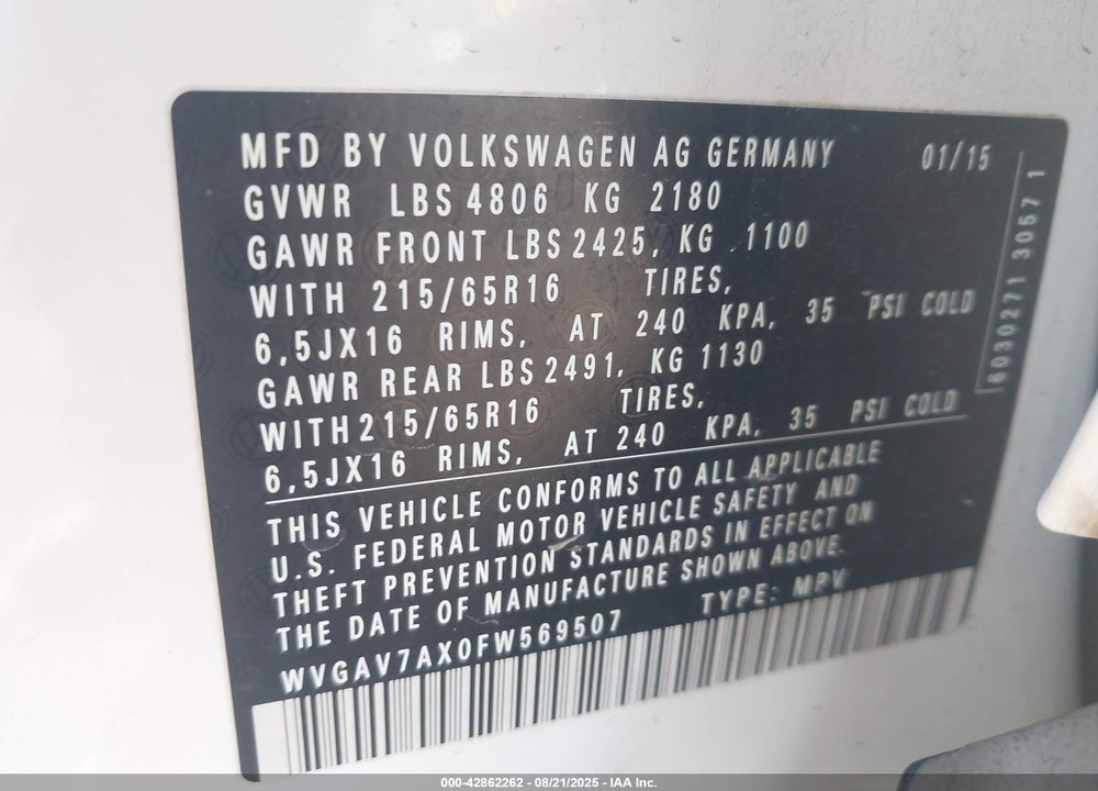 2015 VOLKSWAGEN TIGUAN VIN: WVGAV7AX0FW569507
