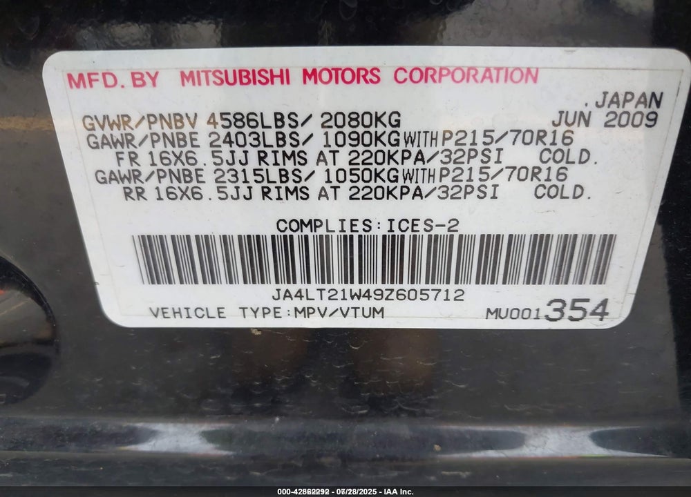 2009 MITSUBISHI OUTLANDER VIN: JA4LT21W49Z605712