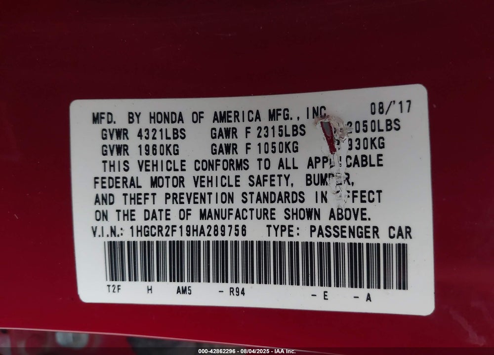 2017 HONDA ACCORD VIN: 1HGCR2F19HA289756