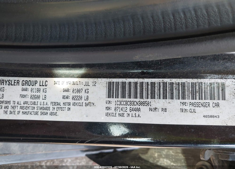 2012 CHRYSLER 200 VIN: 1C3CCBCB3CN308501