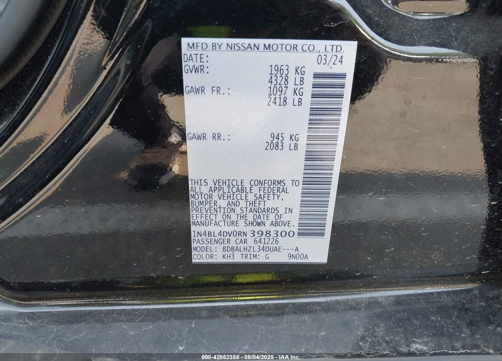 2024 NISSAN ALTIMA VIN: 1N4BL4DV0RN398300
