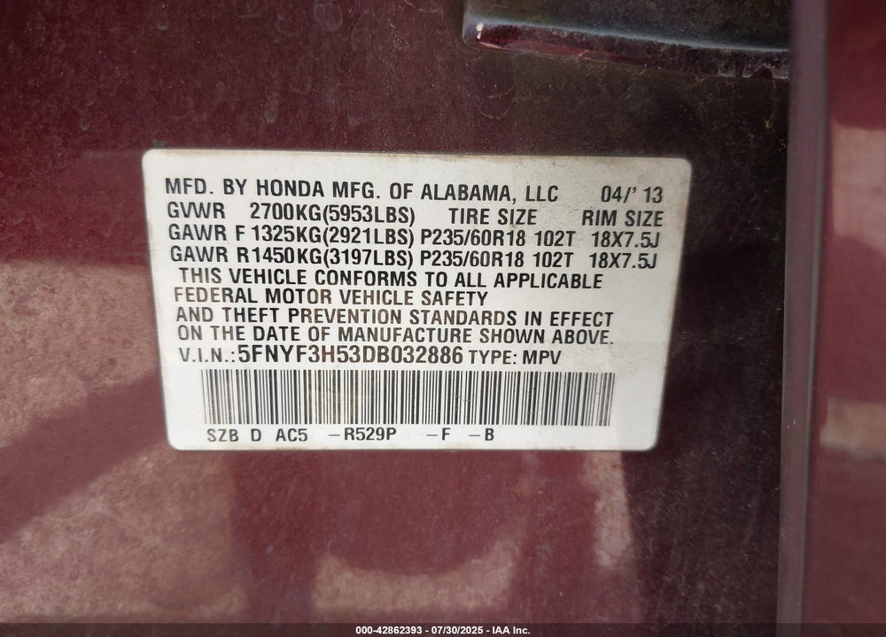 2013 HONDA PILOT VIN: 5FNYF3H53DB032886