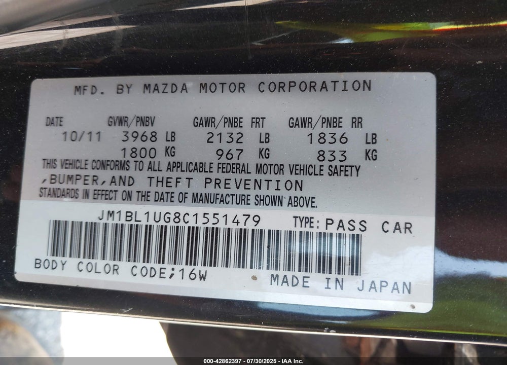 2012 MAZDA 3 VIN: JM1BL1UG8C1551479