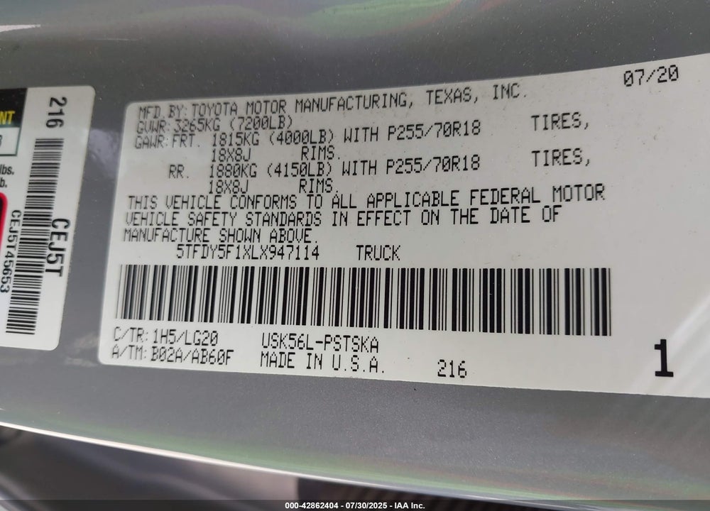 2020 TOYOTA TUNDRA VIN: 5TFDY5F1XLX947114