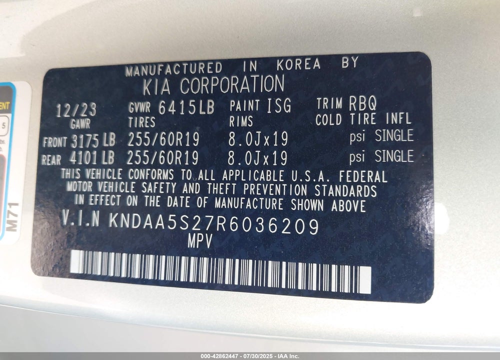 2024 KIA EV9 LIGHT SHORT RANGE VIN: KNDAA5S27R6036209