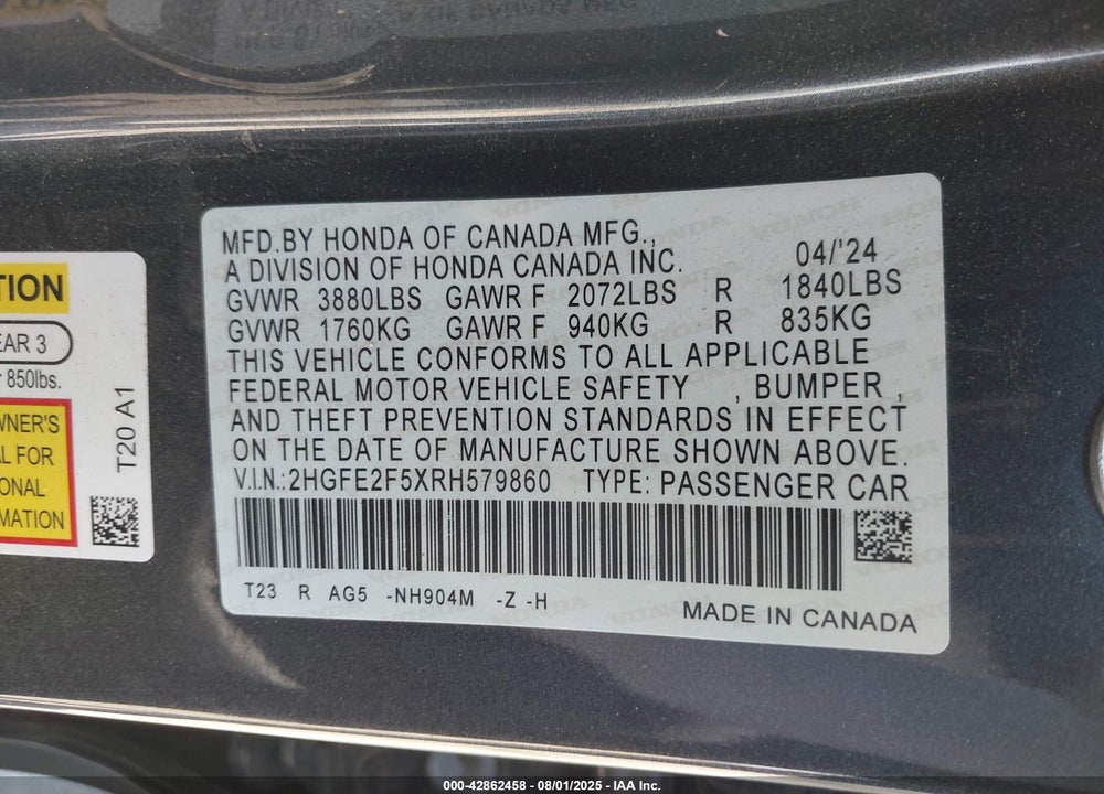 2024 HONDA CIVIC VIN: 2HGFE2F5XRH579860