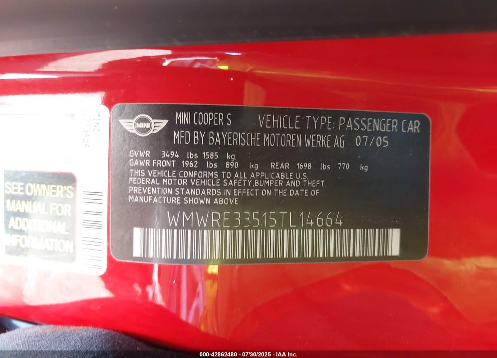2005 MINI COOPER S VIN: WMWRE33515TL14664