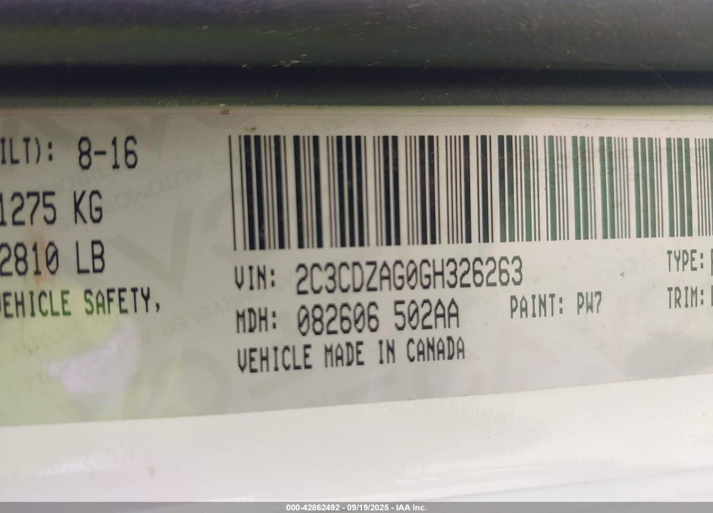 2016 DODGE CHALLENGER VIN: 2C3CDZAG0GH326263