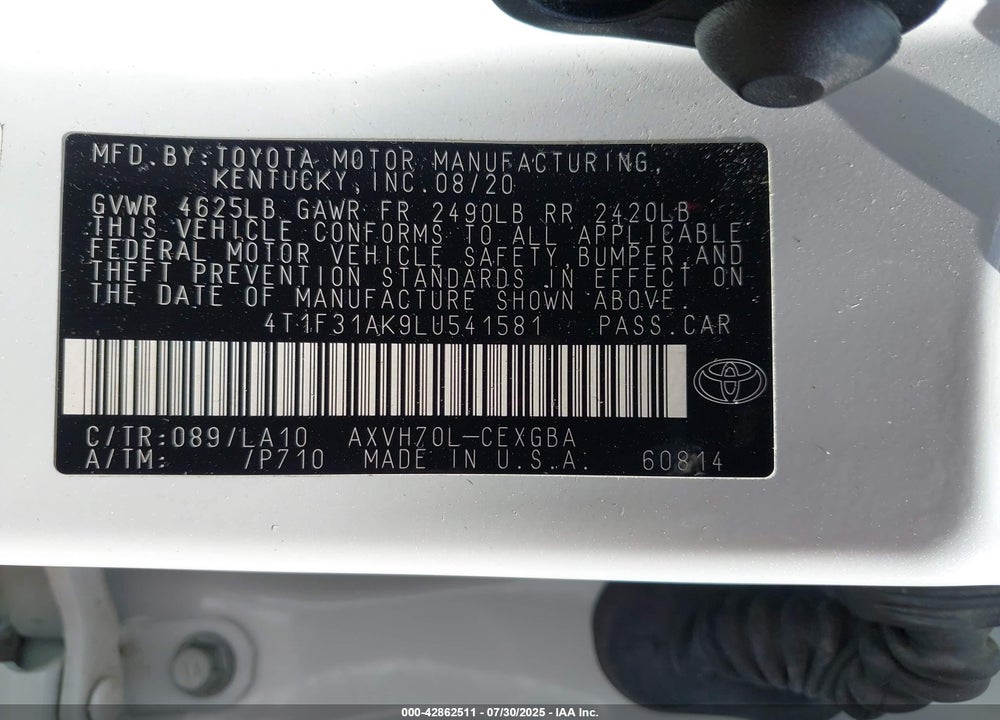 2020 TOYOTA CAMRY VIN: 4T1F31AK9LU541581