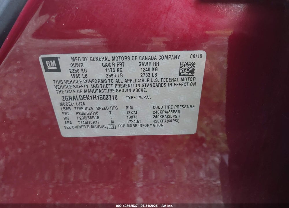 2017 CHEVROLET EQUINOX PREMIER VIN: 2GNALDEK1H1503718